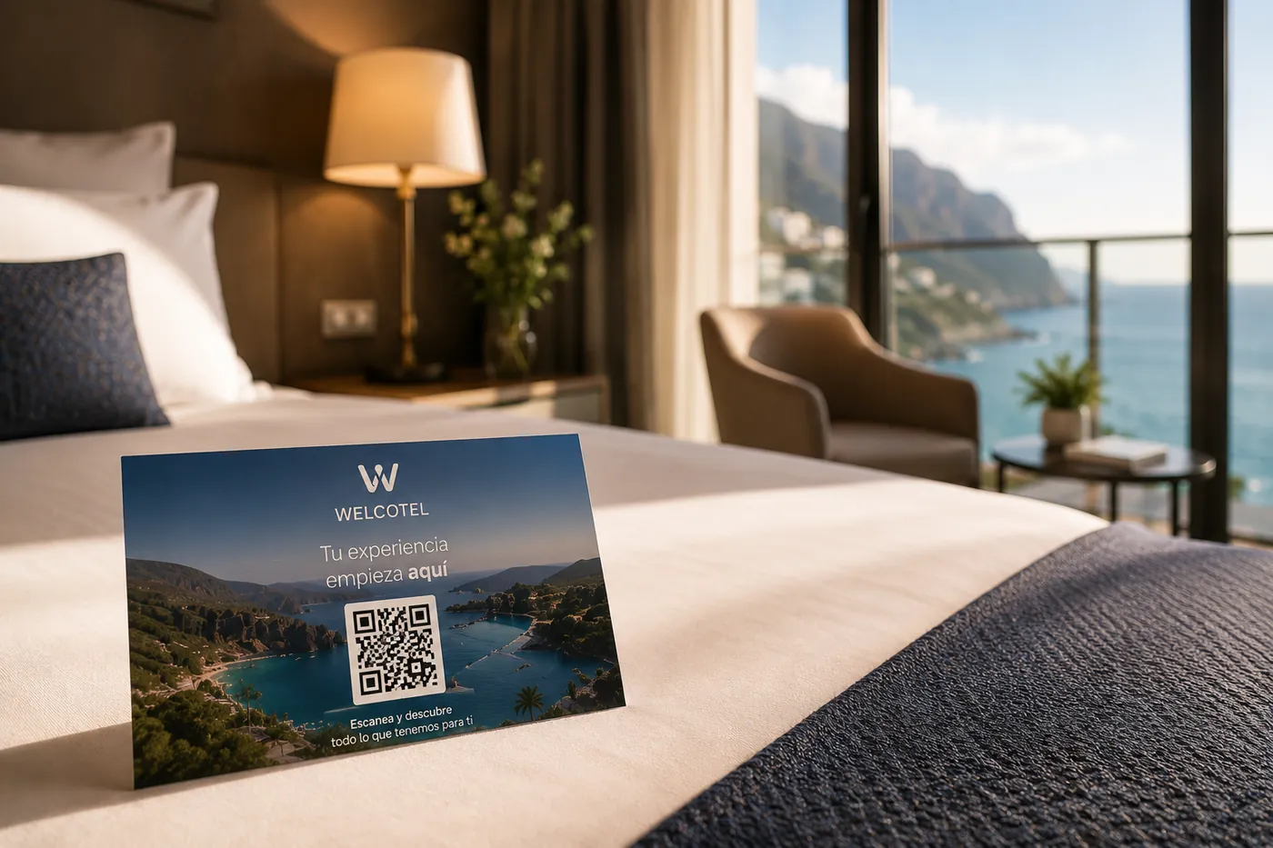 Postal de bienvenida Welcotel con código QR